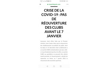 Pas de réouverture des clubs avant le 7 Janvier.                      (Cliquez ici pour avoir le mot des profs) 