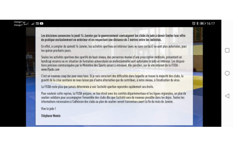 FERMETURE DES DOJOS POUR 15 JOURS (À MINIMA) À COMPTER DU 16 JANVIER